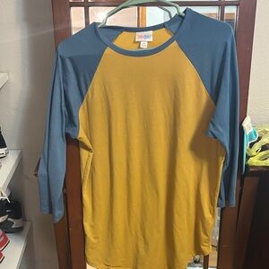 LuLaRoe Men's Mustard and Teal Raglan Shirt